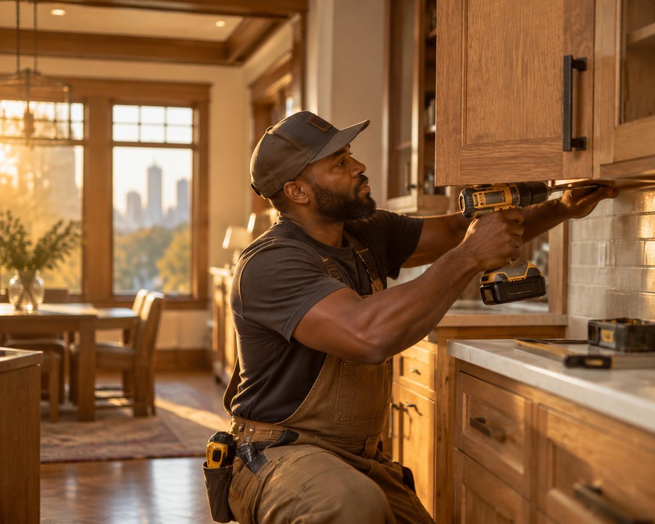 A contractor installing kitchen cabinets in an Atlanta home